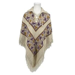 Vintage 70’s Poncho Knit Bird Print Gold‎ Purple OSFA